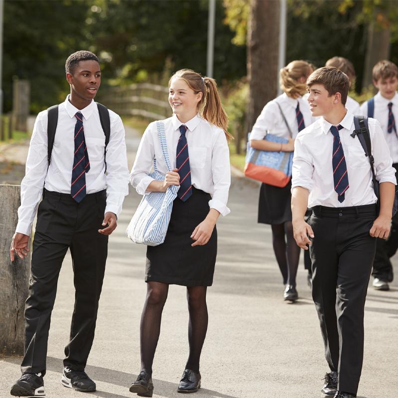 Group Of Teenage Students In Uniform Outside School Buildings