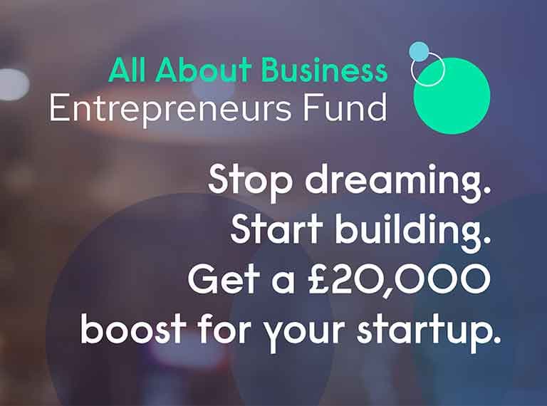 All About Business Entrepreneurs Fund promotional image with text about startup funding and a green circular logo on blue background.