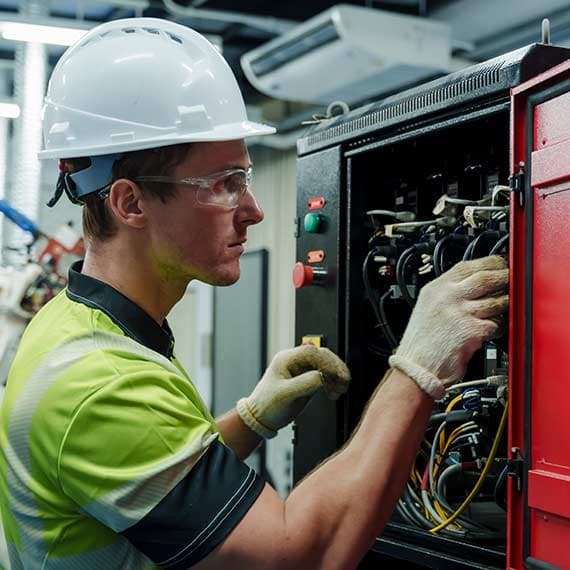 Technician in white hard hat and yellow safety vest working on electrical panel with colored wires in industrial setting.